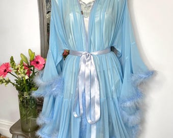 Blue Feather Trim Robe, Vintage Hollywood Style, Bridal Boudoir