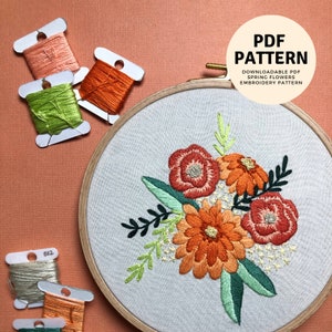 DIY Beginner Spring Flowers Embroidery Pattern. Easy Craft. Embroidered Florals. Mothers Day Pattern. Instant Digital Download.