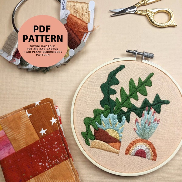 Southwest Houseplants. DIY Beginner Embroidery Pattern PDF. Zig Zag Cactus + Air Plant House Plant Design. Botanical Art. Home Decor Craft.