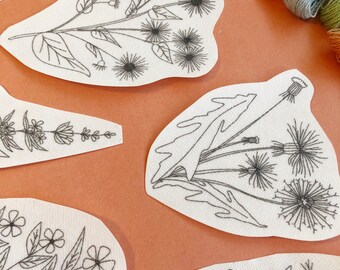 Unconventional Flowers - Peel Stick and Stitch Hand Embroidery Patterns, Botanical Weed Craft Designs