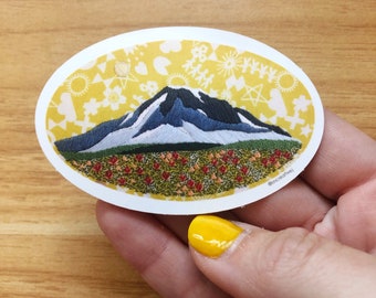 STICKER: Embroidered PNW Spring- Blue Mountain and Flower Field Vinyl Sticker