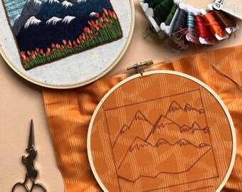 Kit de bordado para principiantes DIY. Paisaje de montaña PNW bordado a mano con diseño de tulipanes. Arte botánico. Artesanía de decoración del hogar. Kit de artesanía DE BRICOLAJE