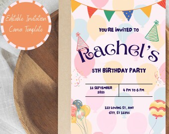 Redigerbar ballongbarnfödelsedagsinbjudan