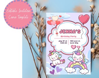 Redigerbar enhörningsfödelsedagsinbjudan