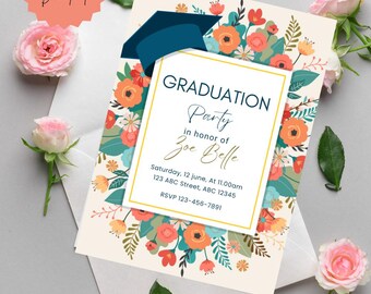 Inbjudan till examen - Blommig examensfestinbjudan - Digital nedladdning - Utskrivbart examenskort - Trädgårdsexamensinbjudan - 5x7