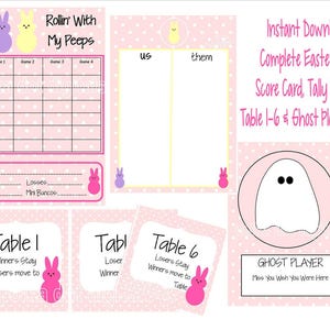 Kaufe 2 und erhalte 1 gratis Komplettset Oster PEEPS Bunco Score Card Sheet Tischnummern * Tally Sheet Bunnies Bunny druckbare digitale Datei Download