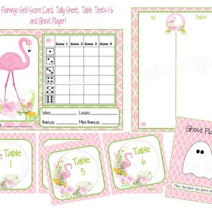 Buy 2 Get 1 Free FLAMINGOS Summer Beach Bunco Score Card Sheet with Matching Table Numbers and Table Tally Sheets Digtal File Download PDF