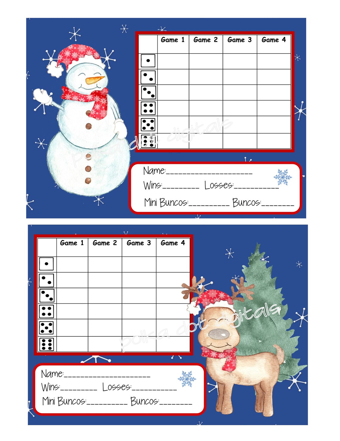 WINTER FRIENDS Bunco Score Card Sheet Table Numbers Tally Sheets ...
