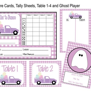 Puede incluir: Cartas de puntuación, hojas de recuento y una tarjeta de jugador fantasma imprimibles para un juego de Bunco. Las tarjetas presentan un camión morado con huevos de Pascua y un patrón de cuadros rosa y blanco.