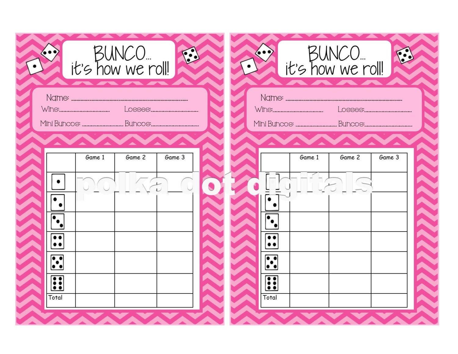 Buy 2 Get 1 Free Complete Set PINK CHEVRON Bunco Score Card Sheet 