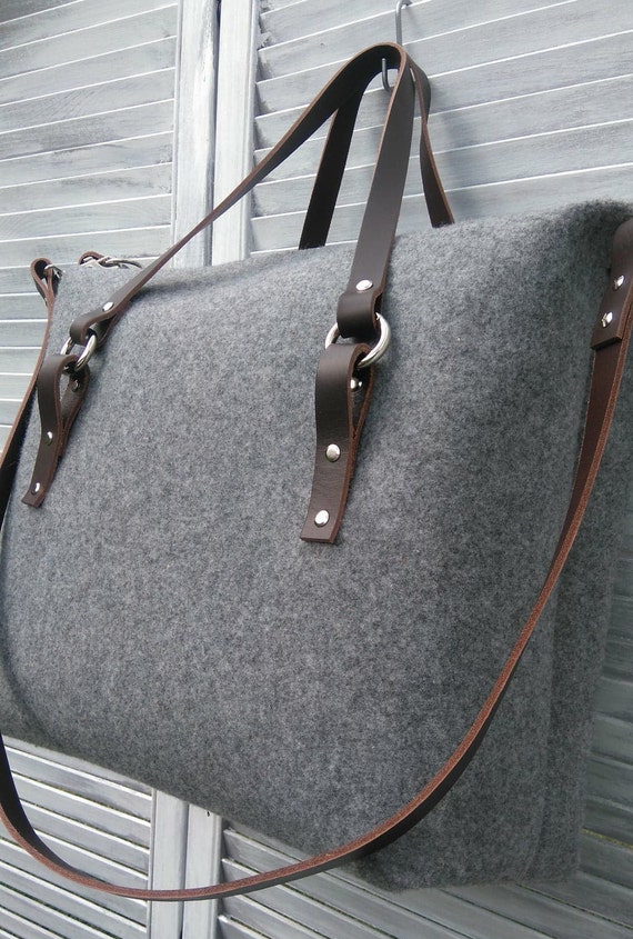 Grey felt tote bag Felt Bag Large messenger Leather | Etsy