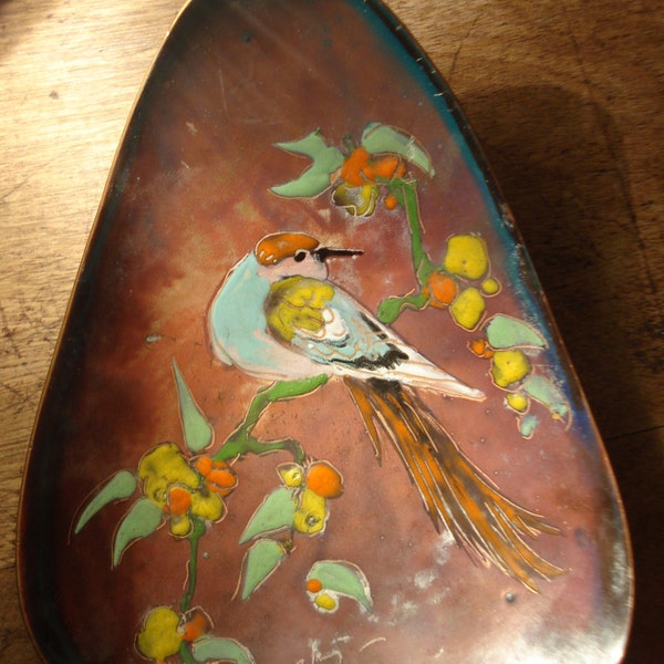 Copper or bronze enamel trinket and jewelry bowl with bird figure vintage mid-century