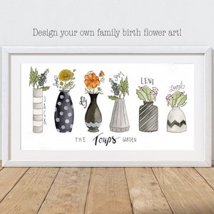 May include: A white framed print with a watercolor illustration of six vases with different floral arrangements and names written above each vase. The names are Jack, Lily, Sam, Levi, and Laurel. The text below the vases reads "The Toups Garden".