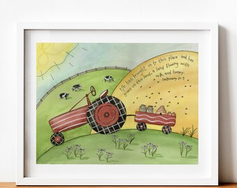 Tractor Print Boys Room, Whimsical Nursery Decorations, Watercolor Farming Picture, Bible Verse Wall Art, Farm Art Decorating, Farmall Case