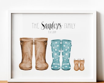 Family Wellie Boots Print, Personalized Rain Boots Watercolor Art, Custom Wellington Boots, Gift Idea for Mom on Mother's Day or Birthday