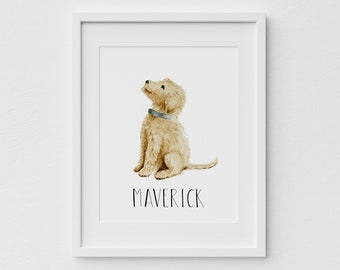 Goldendoodle Dogs Gift Portrait, Personalized Watercolor Print, Custom Dogs Name Painting, Personal Dog Art for Wall