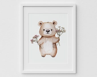 Baby Bear Watercolor Nursery Art Print with Pressed Floral Decoration, Botanical Room Decorating Wall Art, Girls Teddy Bear Decor