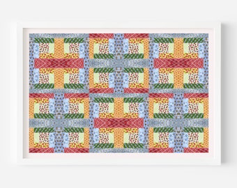Log Cabin Quilt Art Print, Colorful Geometric Watercolor (13x19)