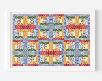 Log Cabin Quilt Art Print, Colorful Geometric Wall Art, Watercolor Prints, Sewing Room Pictures, Craft Room Decor