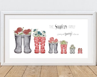 Custom Family Birth Month Flower Bouquet in Rain Boots, Family Wellie Boots Print, Birth Flowers Line Art, Gift Idea for Mom on Mother's Day