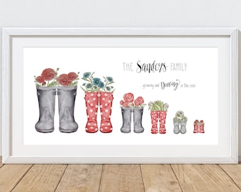 Custom Family Birth Flower Art Print, Rain Boots Bouquet, Christmas Gift