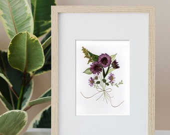 Real Pressed Flower Art, Original Botanical Art, Watercolor Art Print, Floral Artwork, Purple Florals