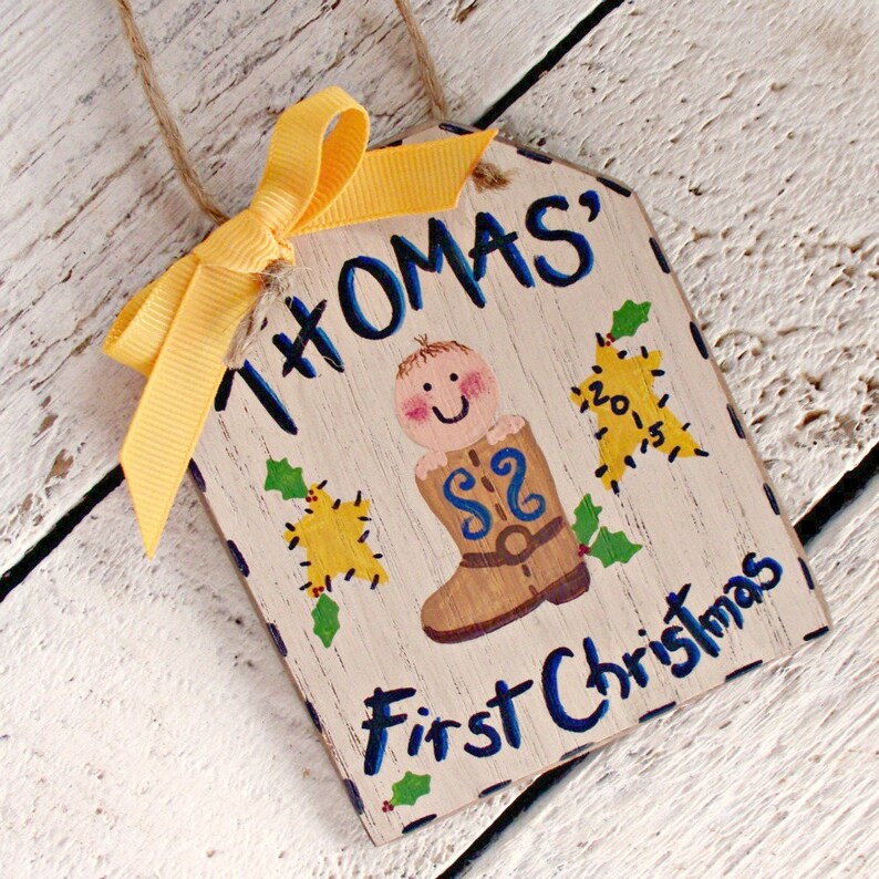 Hand Painted Wood Western Baby Cowboy Christmas Baby/'s First Christmas Ornament Personalized Baby Ornament Cowboy Boot Stocking Ornament