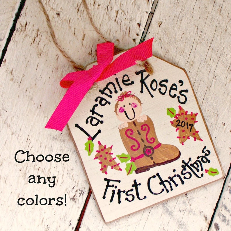 Hand Painted Wood Western Baby Cowboy Christmas Baby/'s First Christmas Ornament Personalized Baby Ornament Cowboy Boot Stocking Ornament