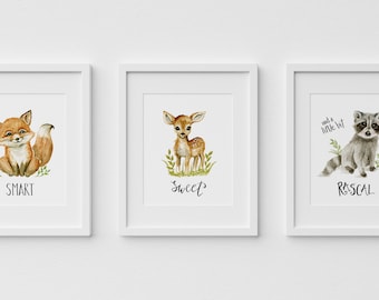 Woodland Nursery Prints Set of 3, Cute Watercolor Baby Animal Art, Fox Raccoon Deer, Forest Kids Room Decorations