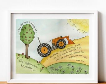 Kubota Tractor Scripture Print, Watercolor Farm Art, Boys Nursery Decor