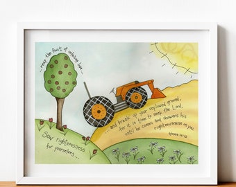 Scripture Wall Art Boys Nursery Decoration, Farm Art Decorating, Folkart Print, Orange Kubota Tractor, Whimsical Watercolor Decorative Sign