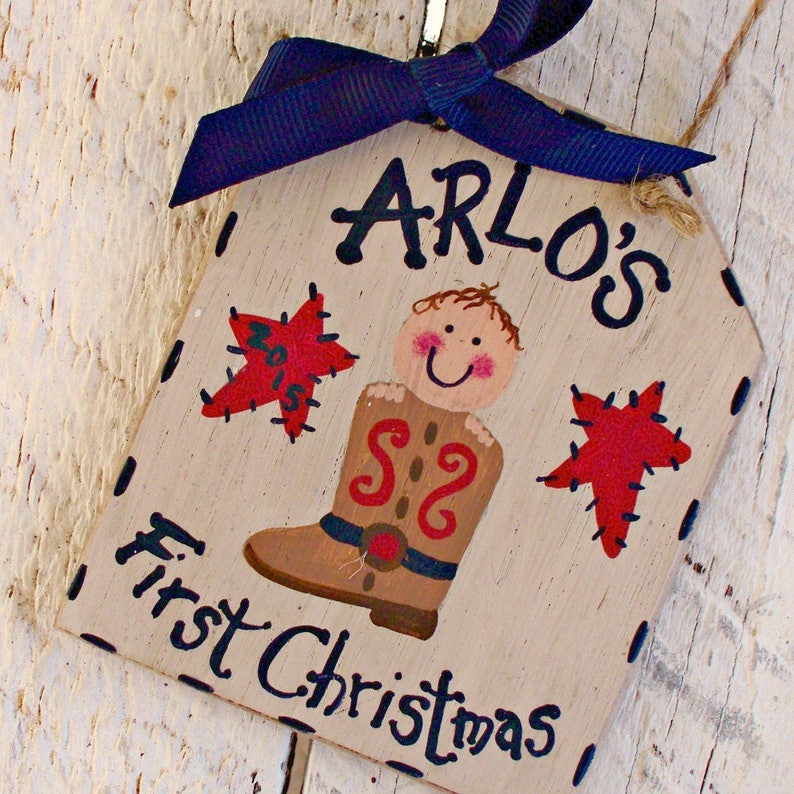 Hand Painted Wood Western Baby Cowboy Christmas Baby/'s First Christmas Ornament Personalized Baby Ornament Cowboy Boot Stocking Ornament