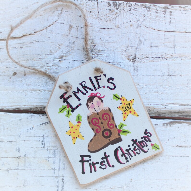 Hand Painted Wood Western Baby Cowboy Christmas Baby/'s First Christmas Ornament Personalized Baby Ornament Cowboy Boot Stocking Ornament