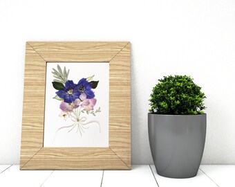 Pressed Flower Art, Real Flowers, Floral Watercolor 5x7, Alstroemeria, Original Botanical Art, Mixed Media Art, Blue, Lavender