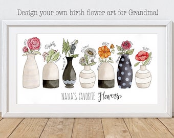 Personalized Grandma Birth Flower Watercolor Art Print, Custom Nana Gift