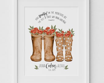 Personalized Birth Flower Welly Boots Print, Watercolor Couple Gift