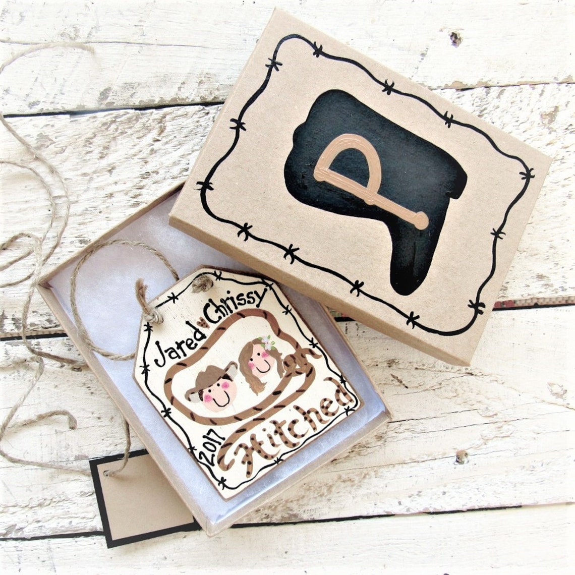 Just Hitched Ornament Western Wedding Gift Personalized Etsy