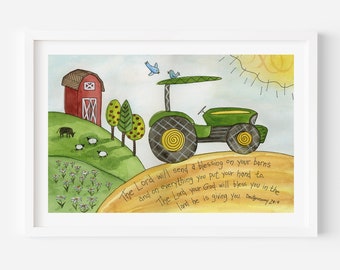 Watercolor Farming Tractor Print, Scripture Wall Art Boys, Farm Decorating, Decorative Sign, Whimsical Nursery Decorations, John Deere Green