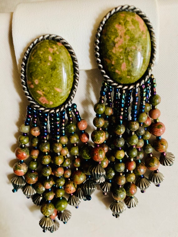 Vintage boho earrings long beaded drop green & go… - image 1