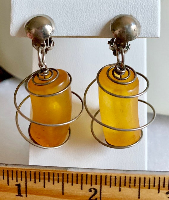 Vintage lucite amber earrings caged with steel sp… - image 5