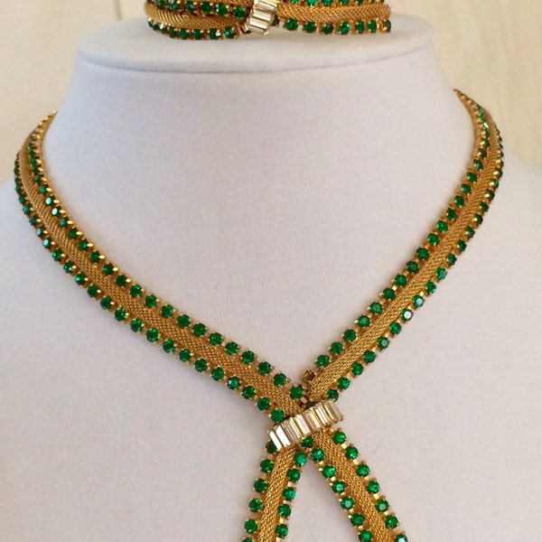 Sale! Austria vintage gold mesh and green rhinestone necklace & bracelt set signed