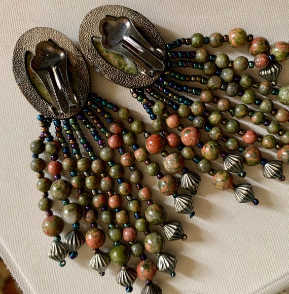 Vintage boho earrings long beaded drop green & go… - image 6