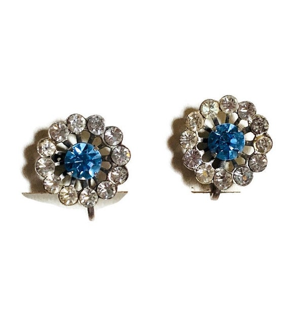 Sale! Vintage rhinestone earrings sky blue center… - image 2