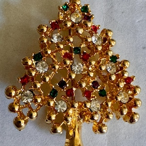 Vintage 60s Christmas Tree Brooch Covered With Red, Green And Clear Rhinestones