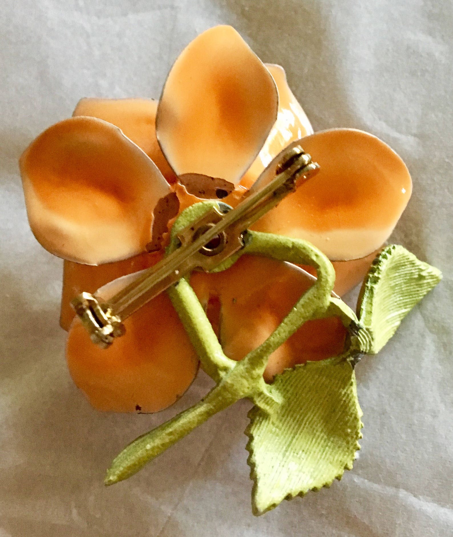 Vintage Enamel Rose Brooch Bright Orange With Green Leaves & Stem Etsy