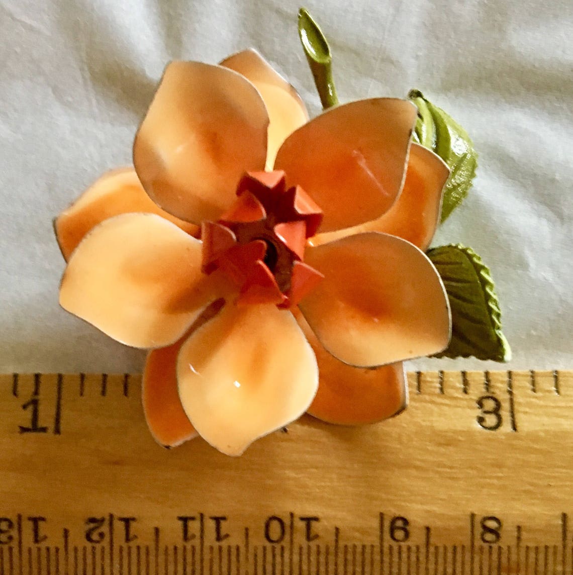 Vintage Enamel Rose Brooch Bright Orange With Green Leaves & Stem Etsy