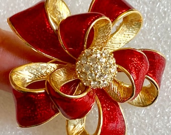 Vintage brooch enamel & rhinestones full bow red and gold, gorgeous style.