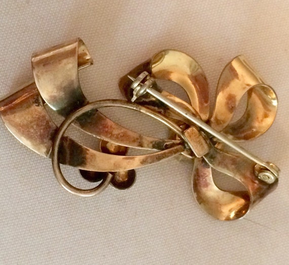 Vintage Carl Art gold bow brooch with large aqua … - image 2