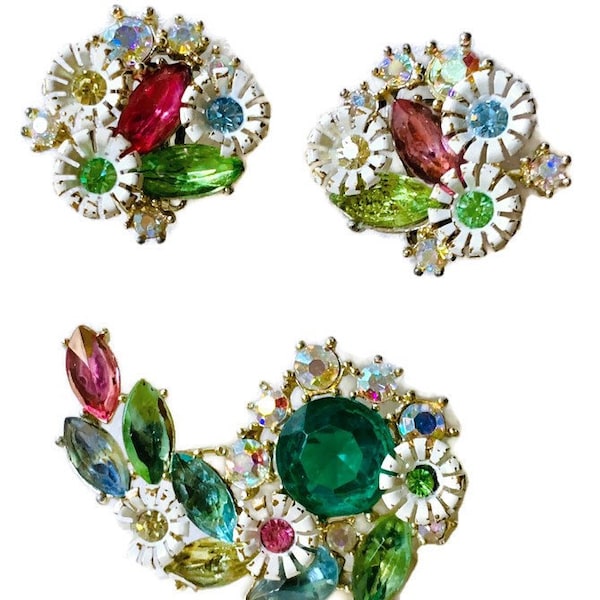 Sale! Vintage jewelry set brooch & earrings multi-colored rhinestones white enamel accents