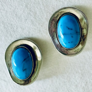 Vintage turquoise earrings sterling silver with large stones boho modern style